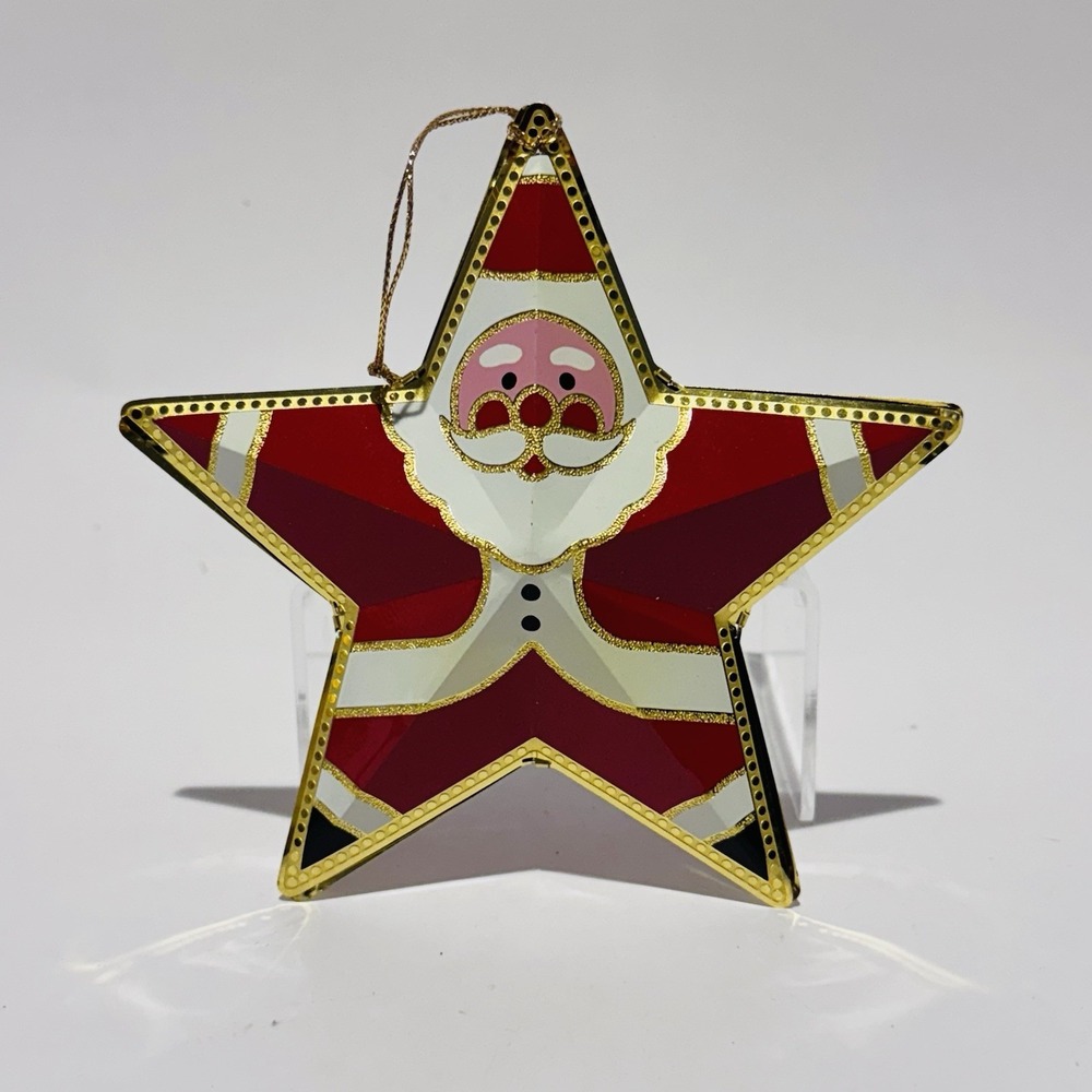 Vintage Santa Ornament 3D Star Shaped‎ Gold Tone Metal Large